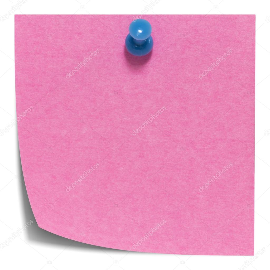 Pink square sticky note, with a blue pin, isolated on white background and with shadow
