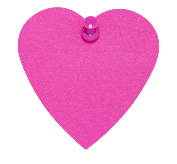 Heart Sticky Label, con spilla rosa, isolato su sfondo bianco — Foto Stock