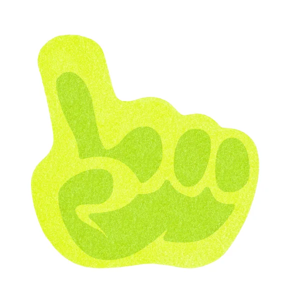Nota adhesiva verde plana aislada sobre fondo blanco, con forma de mano — Foto de Stock