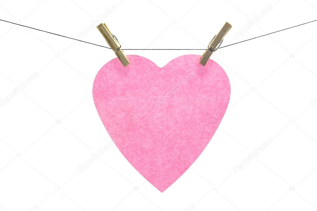 Flat pink heart sticky note hanged, isolated on white background