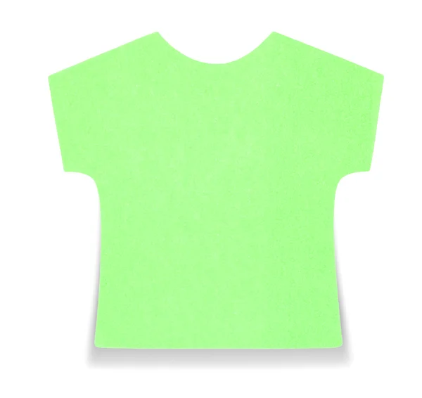 Platte groene T-shirt-notitie, geïsoleerd op een witte achtergrond, met schaduw op bodem — Stockfoto