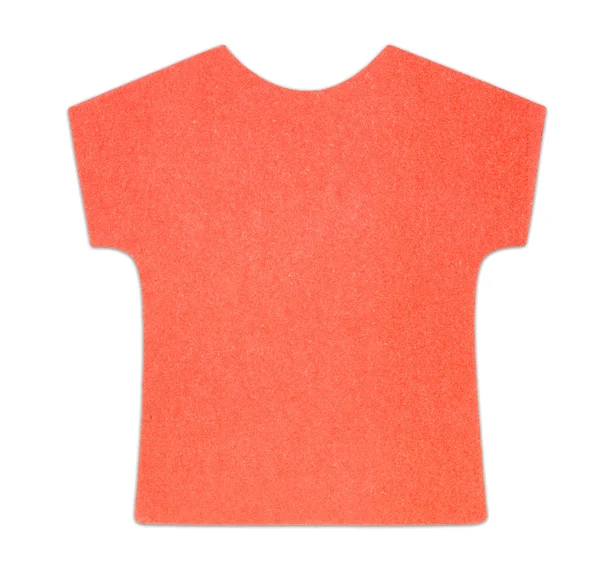 T-shirt vermelha plana nota pegajosa, isolada sobre fundo branco, com sombra — Fotografia de Stock