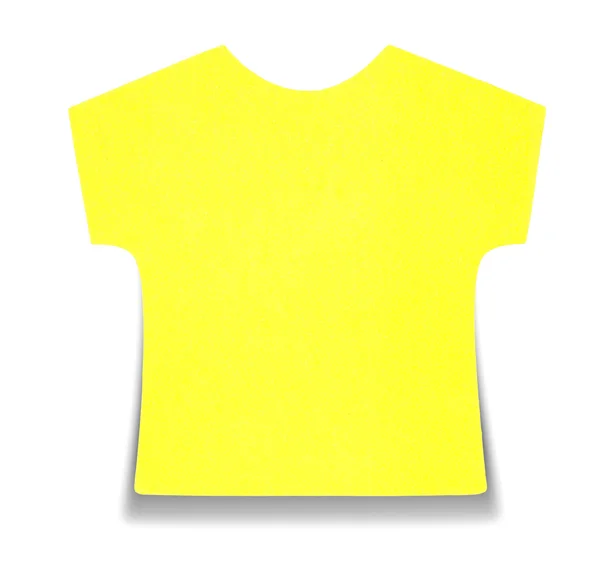 Plano amarelo T-shirt nota pegajosa, isolado no fundo branco, com sombra na parte inferior — Fotografia de Stock