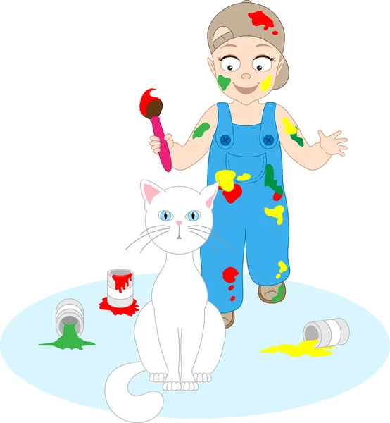 Garota Pintando Seu Gato, Vetor, Desenho De Criança Ilustração do