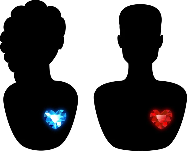 Silhouette di un uomo e una donna con diversi cuori di diamante — Vettoriale Stock