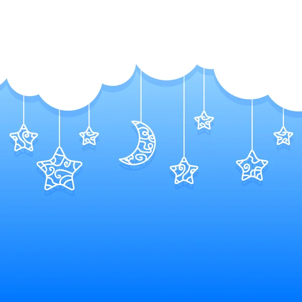 Fond bleu avec nuages et lune suspendue, étoiles — Image vectorielle