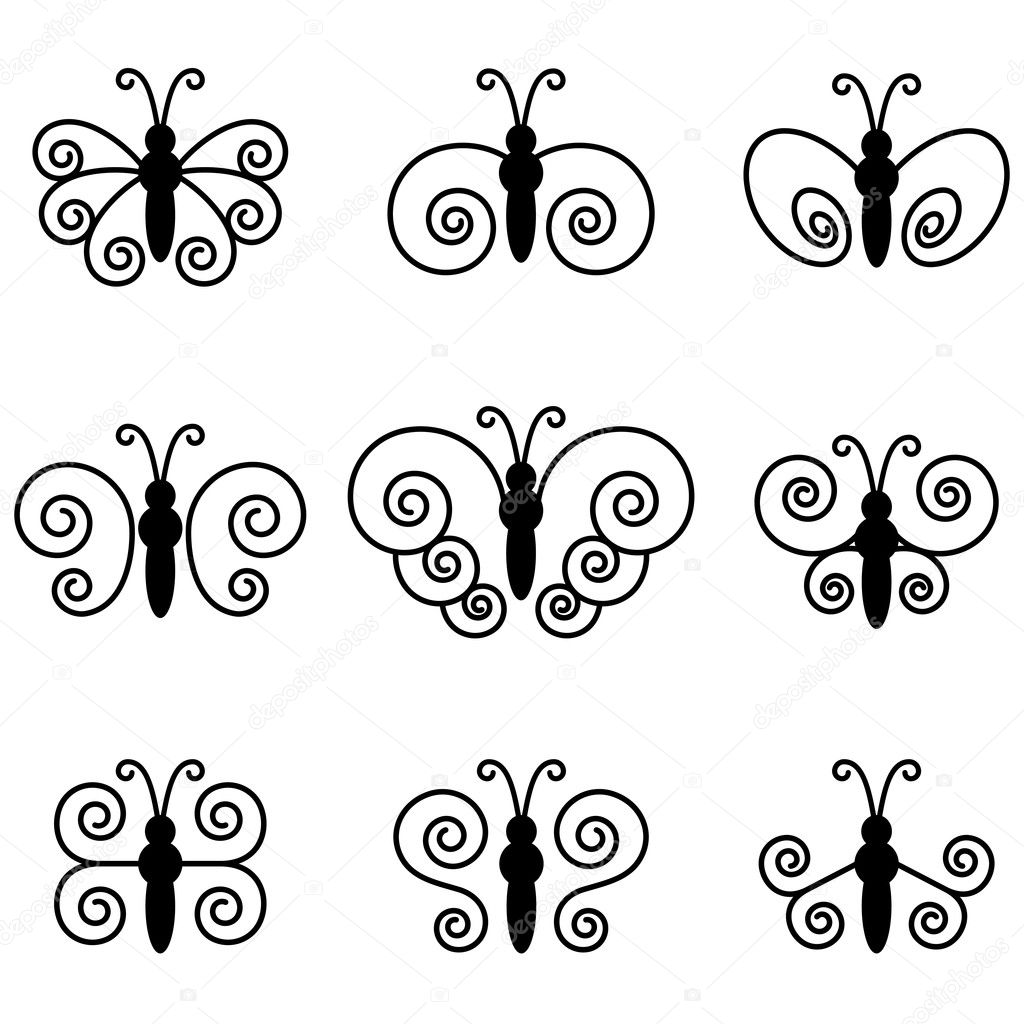 Set of nine butterflies for design