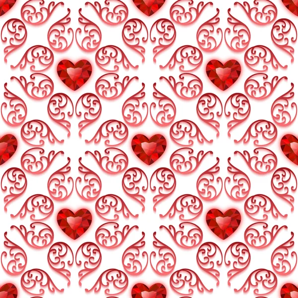 Patrón sin costura adornado con corazones de rubí — Vector de stock