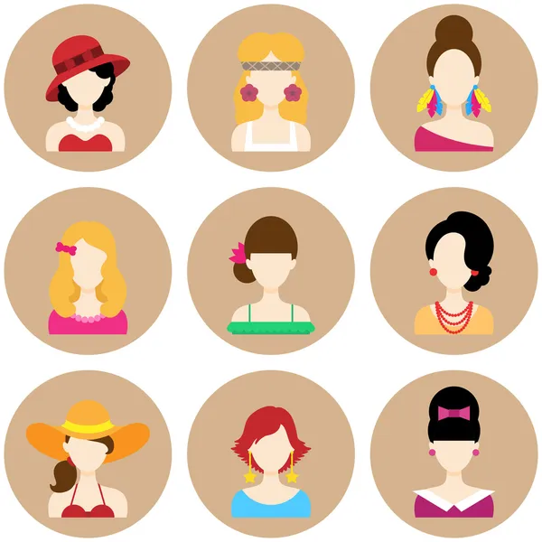 Iconos con personajes femeninos — Vector de stock