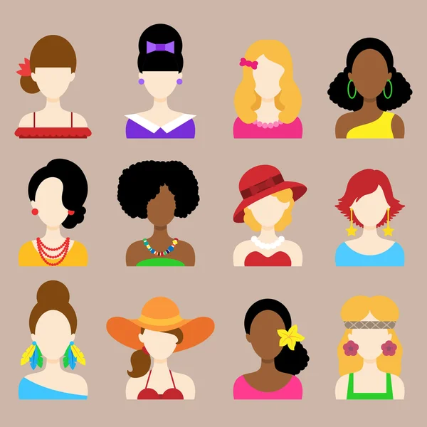 Conjunto de iconos planos con personajes femeninos — Vector de stock