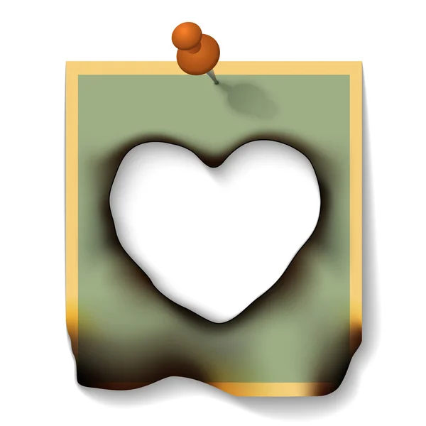 Carte de papier brûlé avec trou en forme de coeur — Image vectorielle