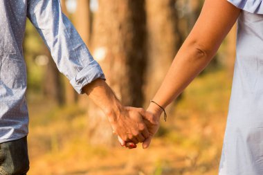 Çift el ele tutuşarak ve ormanda yürüyüş