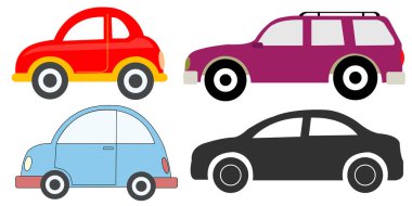 Beyaz arka planda siyah araba vektörü. Sedan araba, evrensel araba, hatchback, SUV araba, otomobil ve taksi 2D çizgi film için..