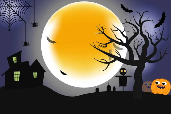 Χαρούμενη Halloween Τρομακτική Νύχτα Φόντο Μαύρες Νυχτερίδες Αράχνη Κολοκύθα Σκηνή — Διανυσματικό Αρχείο