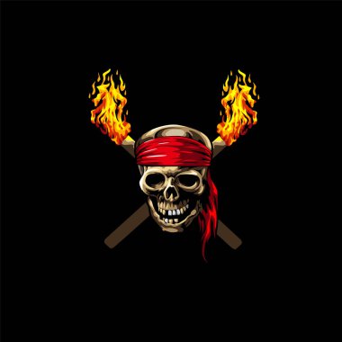pirate skull head character with cool fiery torch combination