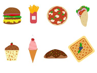 Beyaz arka planda fast food, vektör. Tatlı, dondurma külahı ve çikolatalı kurabiye..