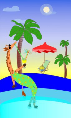 Kıyafetli zürafa, vektör. Zürafa meyve suyu içer ve havuzda dinlenir. Palmiye ağaçları ve kum Afrika hayvanlarını dinlendiriyor.