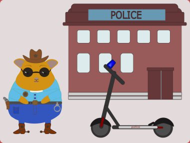 Üniformalı komik bir polis ve silah, vektör. Şerif Hamster karakolun yanında duruyor. Sirenli elektrikli scooter..