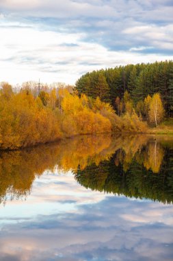 Güzel bir sonbahar gününde sakin gölet suyunda renkli yapraklar yansıyor. Dinlenmek için sessiz ve güzel bir yer..