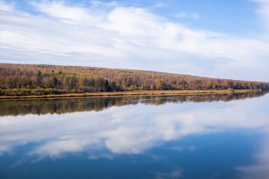 Ormanların arasında güzel, geniş bir nehir sonbaharı. Sonbahar renkleriyle sakin ve sessiz bir yer. Nehir adasının ortasında. Yukarıdan uzaklığa görüntüle