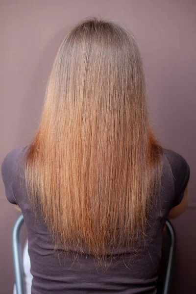 Uma menina com cabelos castanhos longos, lisos e bonitos. Cuidados com o cabelo em casa — Fotografia de Stock
