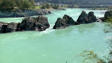 Hızlı akan geniş ve tamamen akan bir dağ nehri. Büyük kayalar sudan dışarı çıkar. Büyük dağ nehri Katun, turkuaz renk, Altai Dağları, Altai Cumhuriyeti.