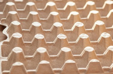 Tavuk kahverengi yumurtalar bir marketten alınan karton bir kutuda. Sağlıklı kahvaltı. Hassas yumurtaları taşımak ve depolamak için bir tepsi. Kadın paketten bir yumurtayı eliyle çıkarıyor.