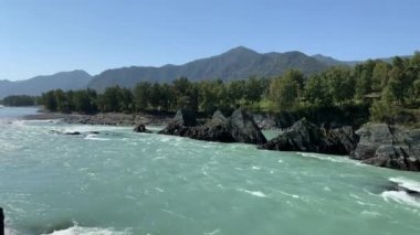 Hızlı akan geniş ve tamamen akan bir dağ nehri. Büyük kayalar sudan dışarı çıkar. Büyük dağ nehri Katun, turkuaz renk, Altai Dağları, Altai Cumhuriyeti.