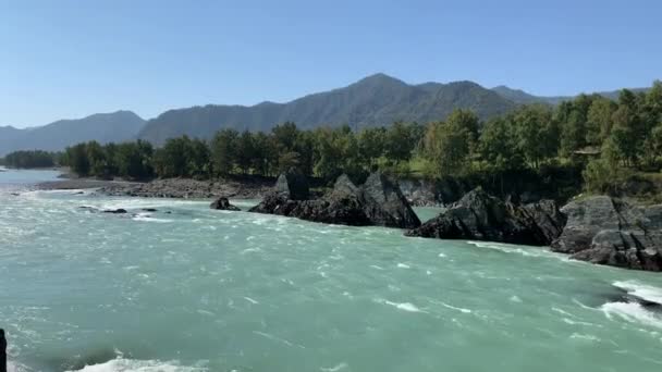 Río Montañoso Caudal Rápido Caudaloso Grandes Rocas Sobresalen Del Agua — Vídeo de stock
