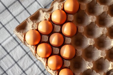 Büyük bir karton torbanın hücreleri arasında birkaç kahverengi yumurta, değerli bir besleyici ürün olarak tavuk yumurtası, kırılgan yumurtaları taşımak ve depolamak için bir tepsi. Tam bir paket yumurta değil, önemli bir yiyecek.