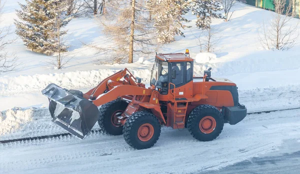 Big Orange Tractor Cleans Snow Road Loads Truck Cleaning Cleaning — 图库照片