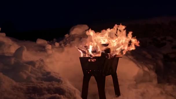 Stacked Firewood Grill Burns Well Brightly Night Kindling Firewood Cooking — Vídeo de Stock