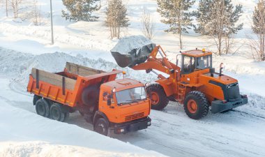 Büyük turuncu traktör yoldan kar temizler ve kamyona yükler. Kışın kardan kentteki yolların temizlenmesi ve temizlenmesi. Kar yağışı ve kar fırtınasından sonra karlar kalkar. 