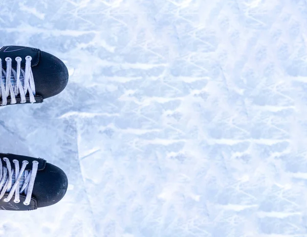 Pair Hockey Skates Laces Frozen Ice Rink Closeup Ice Skating Fotos De Bancos De Imagens