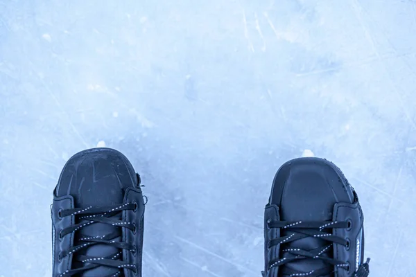 Pair Hockey Skates Laces Frozen Ice Rink Closeup Ice Skating — Fotografia de Stock