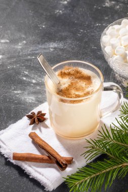 Geleneksel Noel içeceği tarçınlı ev yapımı eggnog, beyaz peçetede kaşık, marşmelov, desenli siyah köknar dalları. Moda bir tatil imajı. Uzayı kopyala Model yap. Dikey çekim.