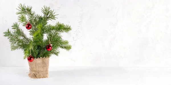 Ramo de ramas de abeto decorado con bolas de Navidad rojas y arpillera como árbol de Navidad alternativo en blanco. — Foto de Stock