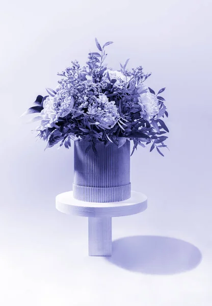Monochrome Composition Flowers Bouquet Standing Wooden Stands Minimal Modern Image — Fotografia de Stock