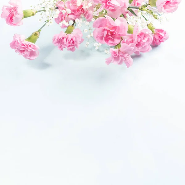 Bunch of pink delicate carnations and gypsophila on top of light neutral backdrop with copy space. — Stock Photo, Image