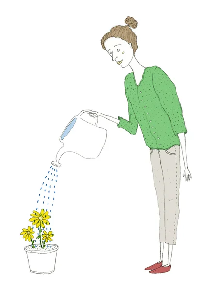 Vrouw wateren haar planten handgemaakte illustratie — Stockfoto