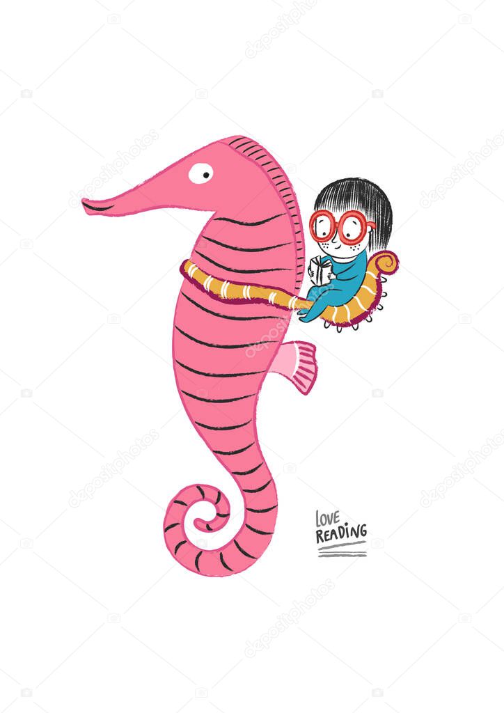 Little girl reading with a Seahorse