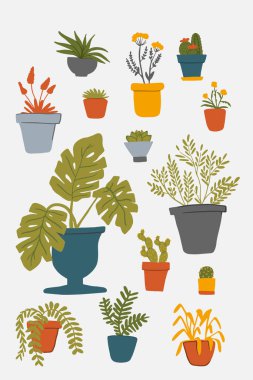 El yapımı bitkiler ve saksıda çiçekler olan klipslerin koleksiyonu. Şirin bir kadın bitki nakli yapıyor, bahçe işleriyle uğraşıyor, bahar hazırlıkları yapıyor. Ev hobisi, rahatlama konsepti. Posterler, kartlar, afişler için vektör illüstrasyonu