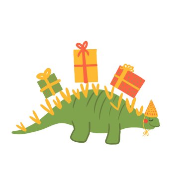 Dinozorlu şirin bir karikatür. Çocuksu, şenlikli dinazorların düz çizimi. Mutlu yıllar konsepti. Vektör hayvan karakteri. Tebrik kartı, tişört, kupa ve poster bastırmak için mükemmel.