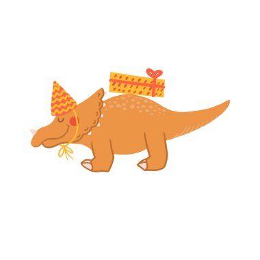 Doğum günü şapkası ve hediyeleri olan sevimli bir karikatür dinozor. Çocuksu, şenlikli dinazorların düz çizimi. Mutlu yıllar konsepti. Vektör hayvan karakteri. Tebrik kartı, tişört, kupa ve poster bastırmak için mükemmel.