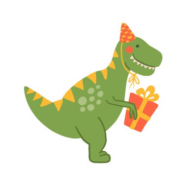 Dinozorlu şirin bir karikatür. Çocuksu, şenlikli dinazorların düz çizimi. Mutlu yıllar konsepti. Vektör hayvan karakteri. Tebrik kartı, tişört, kupa ve poster bastırmak için mükemmel.