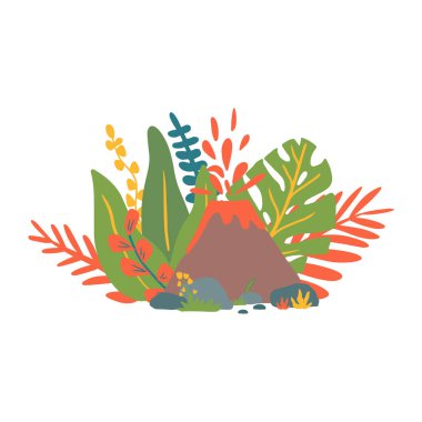 Arkasında çiçekler, yapraklar ve bitkiler olan düz bir volkan. Dekoratif çiçek, botanik geçmişi. Tebrik kartı, tişört, kupa ve poster bastırmak için mükemmel.