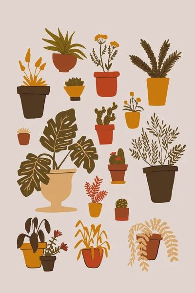 Collectie Van Clipart Met Handgetekende Planten Bloemen Potten Leuke Vrouw — Stockvector