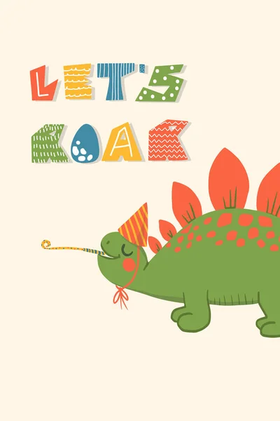 Χαριτωμένος Δεινόσαυρος Κινουμένων Σχεδίων Επίπεδη Παιδική Dino Γράμματα — Διανυσματικό Αρχείο