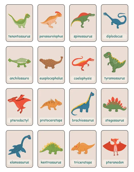 Jolies Cartes Apprentissage Dinosaures Dessin Animé Illustrations Plates Lézard Préhistorique — Image vectorielle