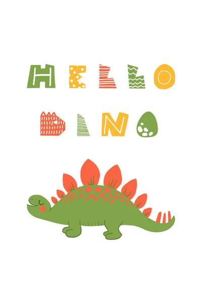 Mignon Dinosaure Dessin Animé Avec Citation Dino Plat Enfantin Avec — Image vectorielle